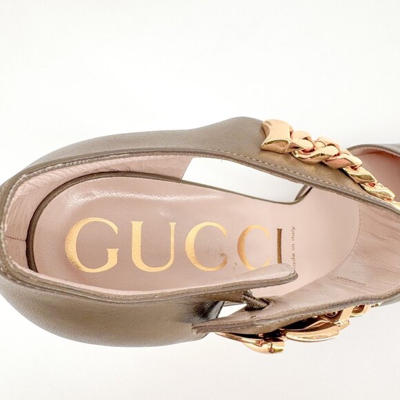 Gucci Sylvie Chain d'Orsay Pumps EU 40 US 10 Tan Leather High Heel Taupe Pointed - Picture 13 of 14